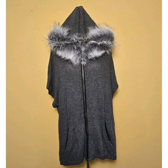 Anne Klein Hooded Zip Up Faux Fur Leather Trim Poncho Grey Sweater Large Zip Up - Picture 2 of 8